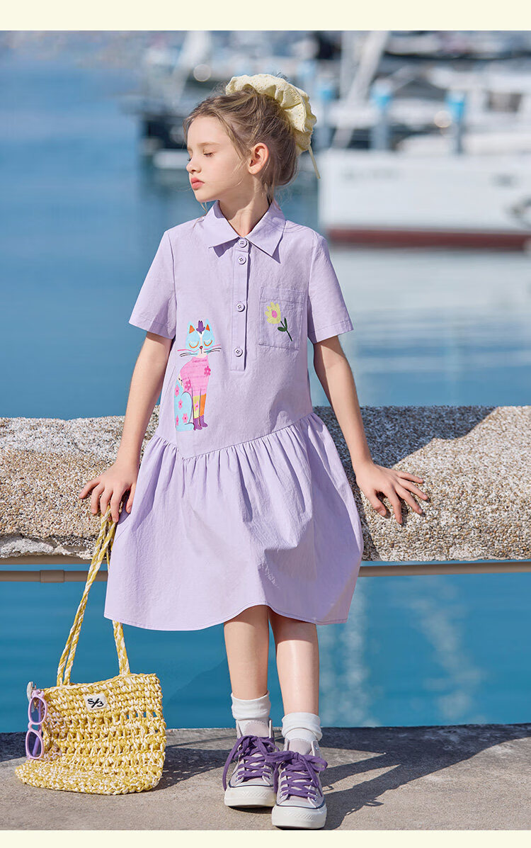 CHANZUIGOU Girls' Taro Purple Pure Cotton Shirt Dress 2026 Summer New Stylish Dopamine Print Dress 18